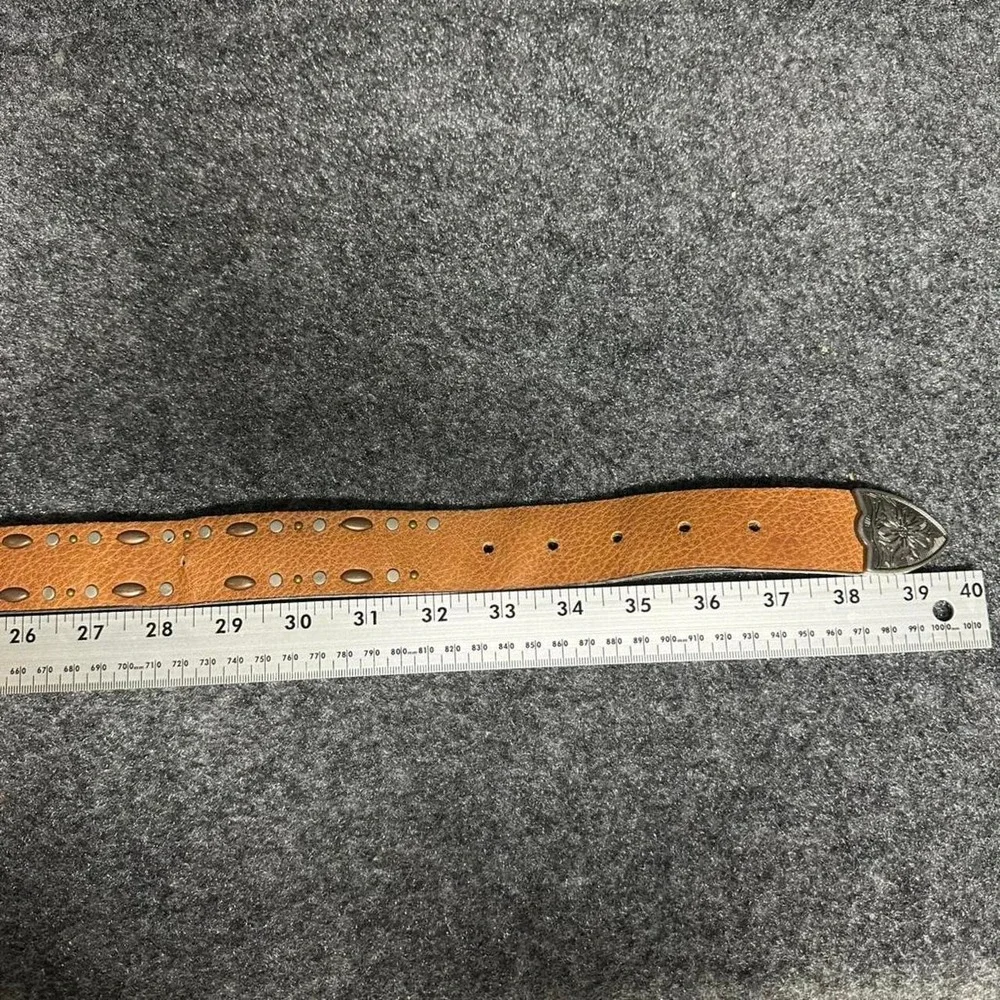 Vintage Unbranded Western Belt 39in Brown Studded Silver Engraved Buckle Cowgirl